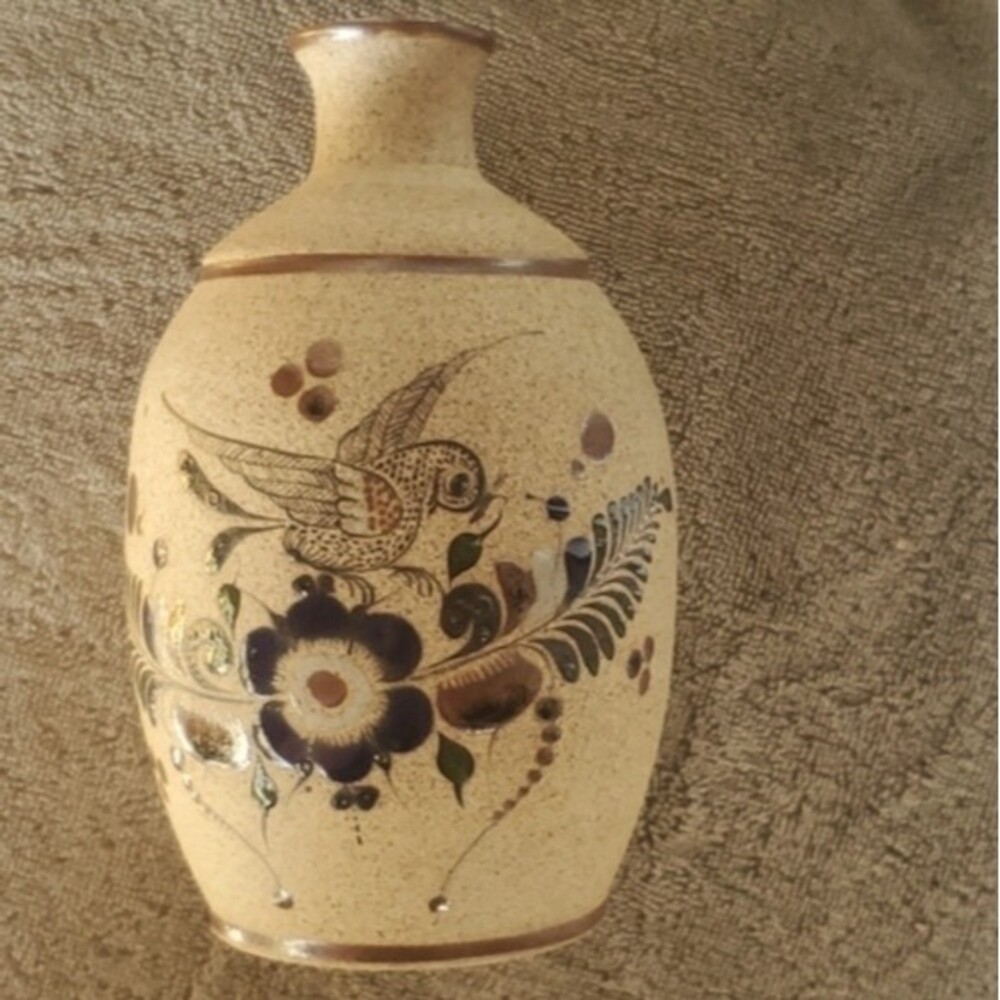 Rustic Tonala Mexican Bird Folk Art Vase β Signed HandβPainted Stoneware (7β)